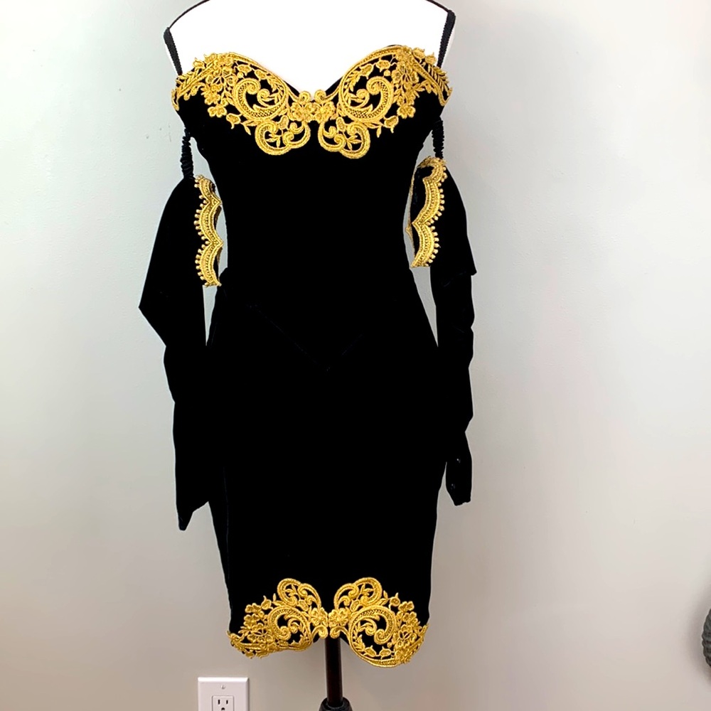 Gunne Sax Jessica McClintock Vintage 70s Velvet Black Dress with Gold Details